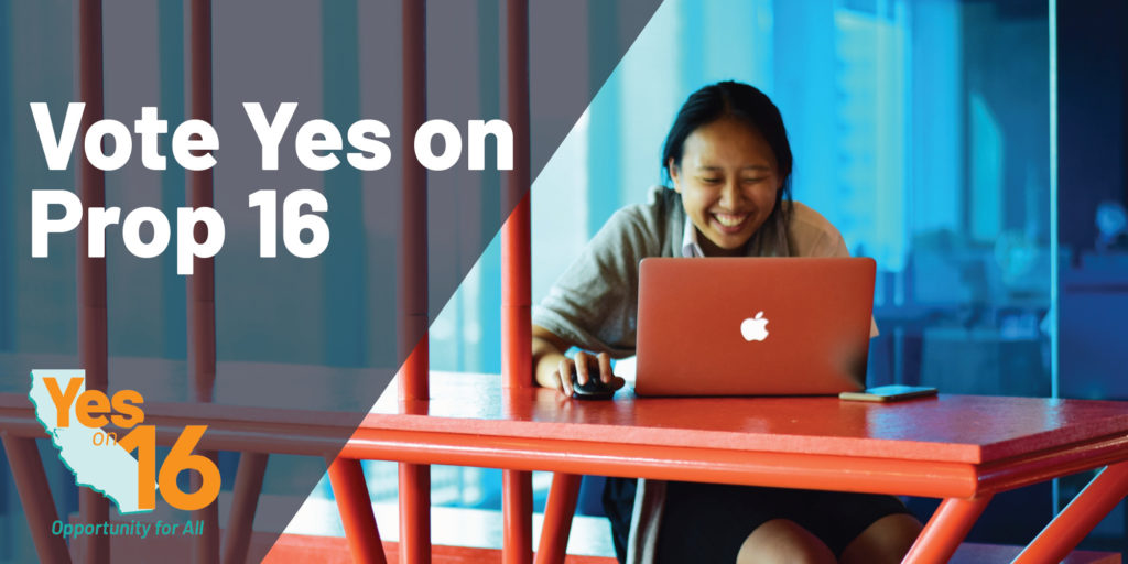 Headline: Vote Yes on Prop 16. 

A young, female-presenting AAPI student types happily on their laptop. 
