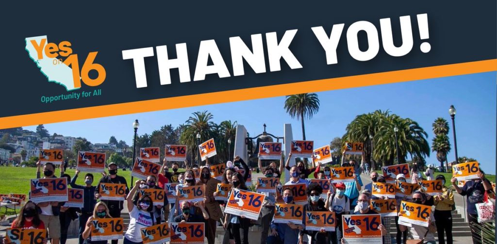 Graphic that says, "Thank you!" above a photo of people at a rally holding up "Yes on Prop 16" signs.