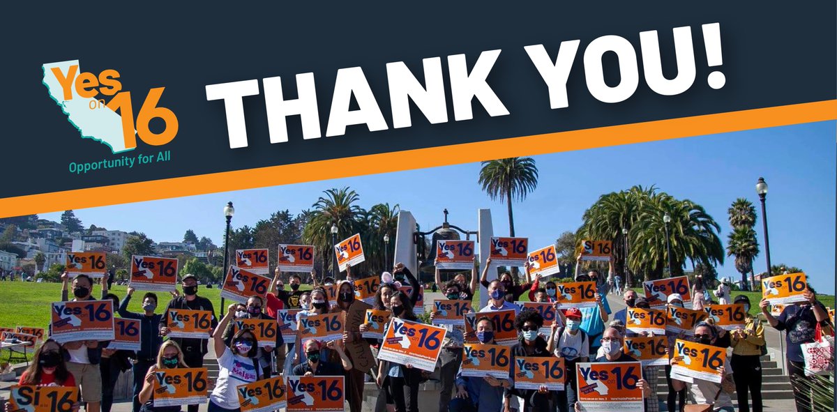 Graphic that says, "Thank You!" with a photo of people at a rally holding Prop 16 signs.