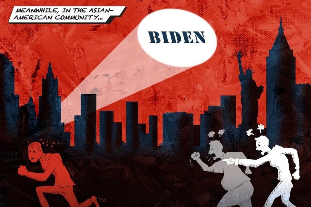 Text: Meanwhile, in the Asian American Community. Description: A hate-spewing crowd chases someone through a city. A bat-signal reading "BIDEN" is visible in the sky.