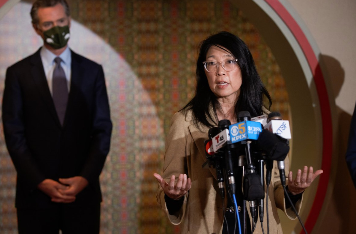 Cynthia Choi at a Friday, March 19 press conference with California Governor Gavin Newsom, condemning anti-Asian hate. (